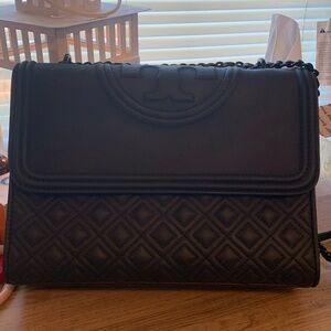 Tory Burch Fleming Black Matte Leather Shoulder Bag